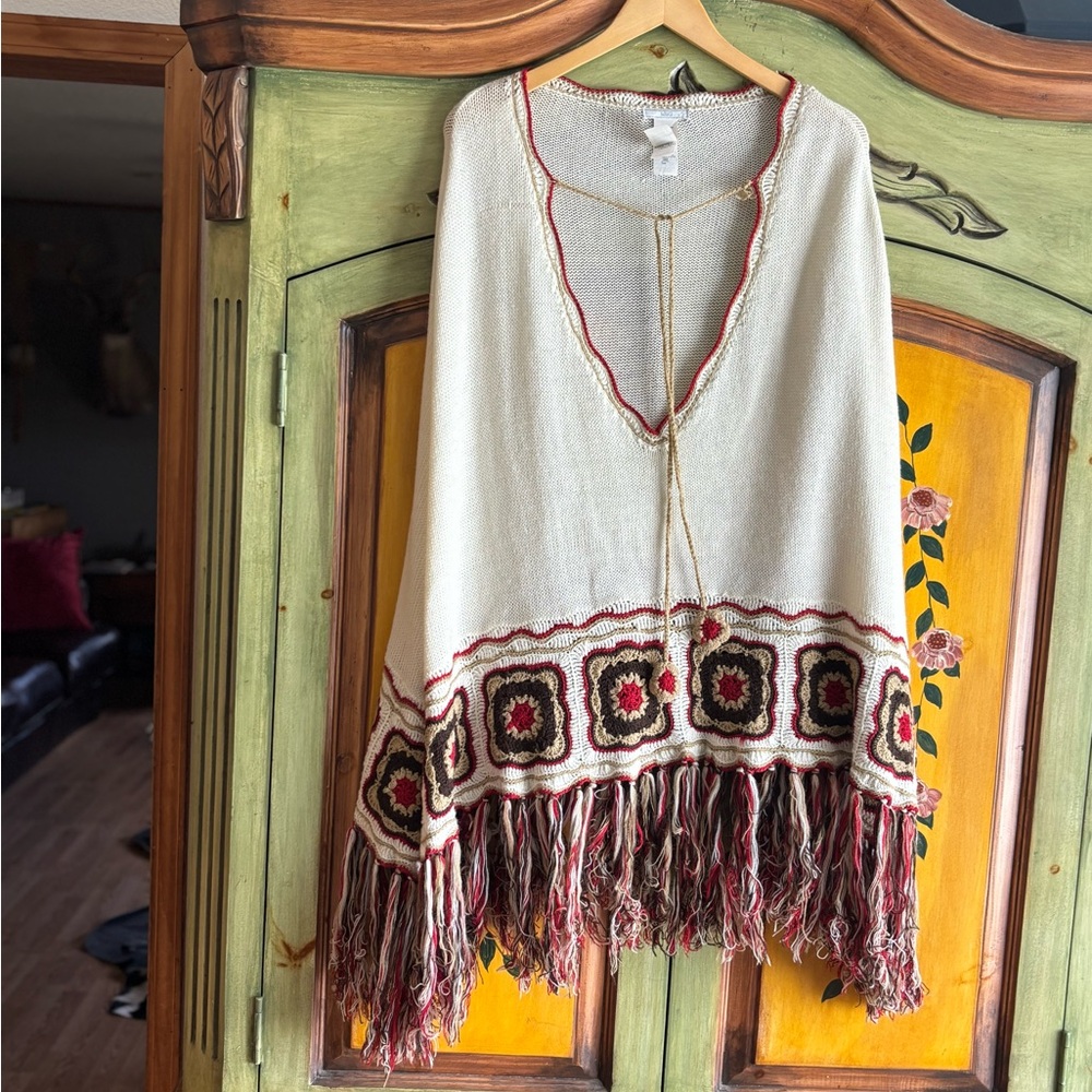 Vintage Boho Cream, Brown and Red Poncho with Fringe
